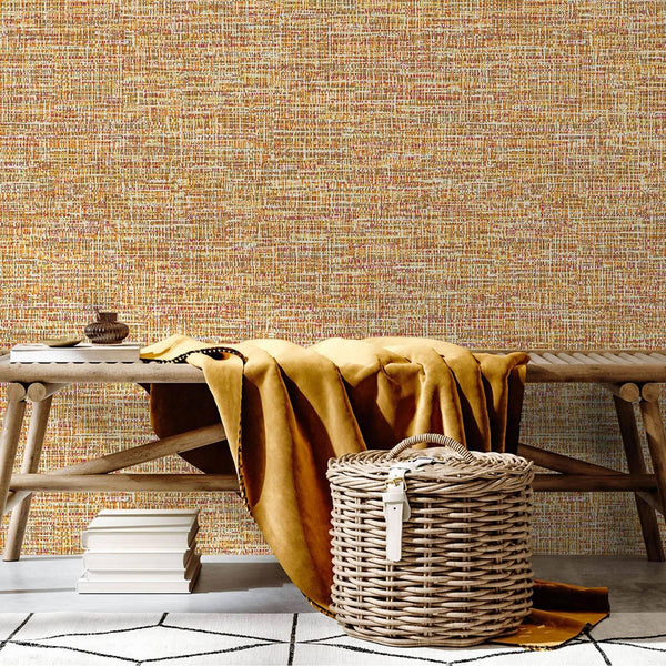Basket Weave Woven Textile Wallpaper, Orange Realistic 3D Textured Fabric Linen Multi-Color Wallcovering - Walloro High End Wallcoverings & More