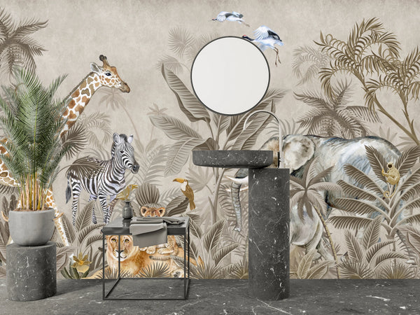 Safari Animals Wallpaper, Watercolor Mural, Oversized Custom Size Wall Art, Non-Woven, Non-Adhesive, Modern Wall Paper, Removable