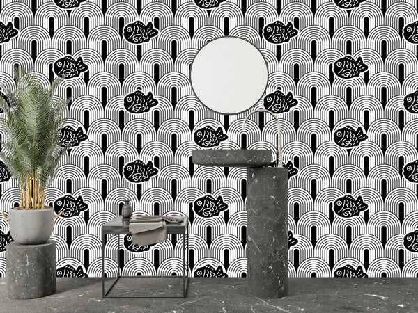 Japan Wave Wallpaper, Seamless Pattern Mural, Oversized Custom Size Wall Art, Non-Woven, Non-Adhesive, Modern Wall Paper, Removable