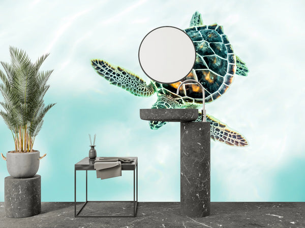 Cute Baby Turtle Wallpaper, Turquoise Water Mural, Oversized Custom Size Wall Art, Non-Woven, Non-Adhesive, Modern Wall Paper, Removable