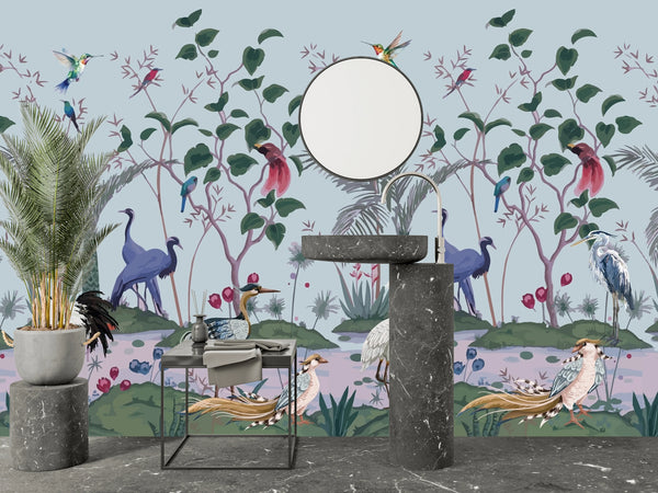 Chinoiserie Wallpaper, Birds, Floral Mural, Oversized Custom Size Wall Art, Non-Woven, Non-Adhesive, Modern Wall Paper, Removable