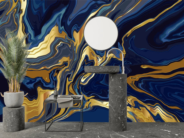 Luxury Blue Marble Wallpaper, Gold Abstract Mural, Oversized Custom Size Wall Art, Non-Woven, Non-Adhesive, Modern Wall Paper, Removable