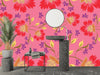 Colorful Floral, Pink Background Wallpaper, Seamless Pattern Mural, Oversized Custom Size Wall Art, Non-Woven, Non-Adhesive, Modern Wall Paper, Removable