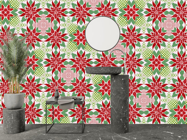 Christmas Poinsettia Wallpaper, Seamless Pattern Mural, Oversized Custom Size Wall Art, Non-Woven, Non-Adhesive, Modern Wall Paper, Removable