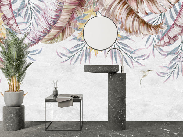 Tropical Leaves Wallpaper, Hummingbirds Mural, Oversized Custom Size Wall Art, Non-Woven, Non-Adhesive, Modern Wall Paper, Removable