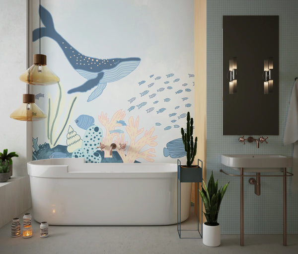 Under the Sea Wallpaper, Sea Animals Mural, Oversized Custom Size Wall Art, Non-Woven, Non-Adhesive, Modern Wall Paper, Removable