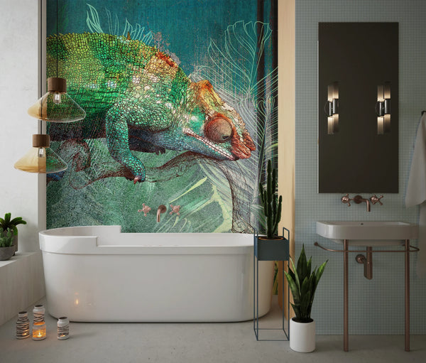 Tropical Leaves Wallpaper, Chameleon Background Mural, Oversized Custom Size Wall Art, Non-Woven, Non-Adhesive, Modern Wall Paper, Removable