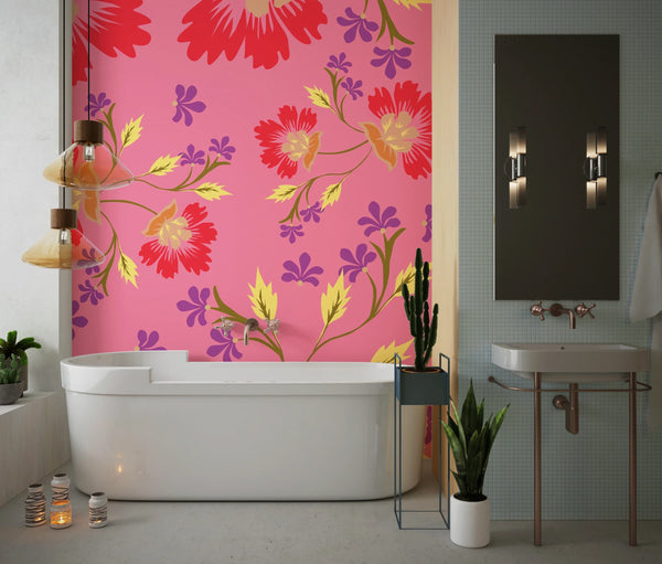 Colorful Floral, Pink Background Wallpaper, Seamless Pattern Mural, Oversized Custom Size Wall Art, Non-Woven, Non-Adhesive, Modern Wall Paper, Removable