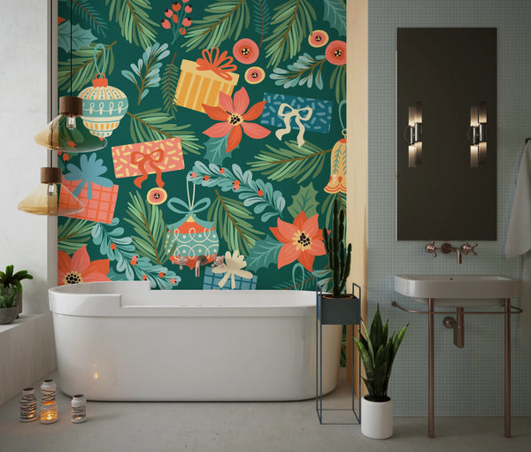Noel Presents Wallpaper, Seamless Pattern Mural, Oversized Custom Size Wall Art, Non-Woven, Non-Adhesive, Modern Wall Paper, Removable