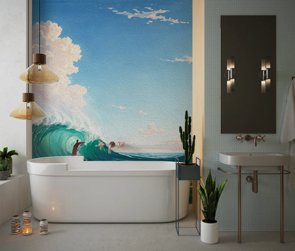 Sea Wave Wallpaper, Oil Painting Mural, Oversized Custom Size Wall Art, Non-Woven, Non-Adhesive, Modern Wall Paper, Removable