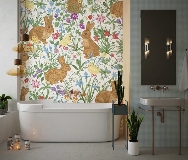 Bunnies and Chicks Wallpaper, Seamless Pattern Mural, Oversized Custom Size Wall Art, Non-Woven, Non-Adhesive, Modern Wall Paper, Removable