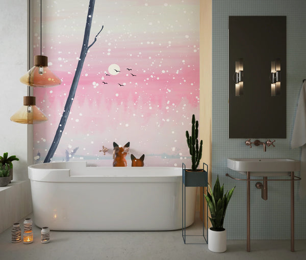 Winter Landscape Wallpaper, Foxes Mural, Oversized Custom Size Wall Art, Non-Woven, Non-Adhesive, Modern Wall Paper, Removable