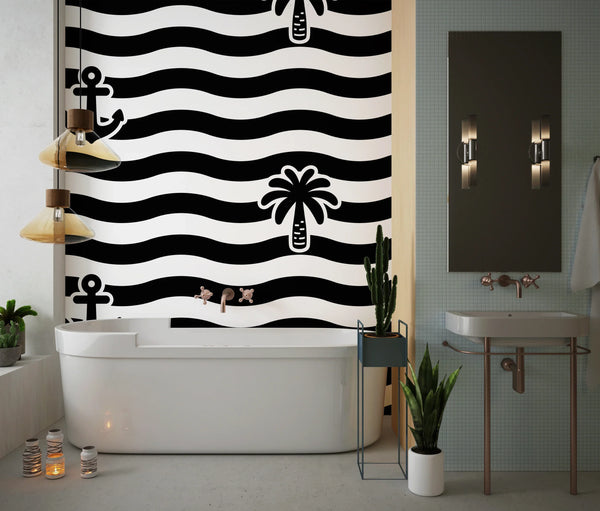 Palm Tree, Anchor Wallpaper, Seamless Pattern Mural, Oversized Custom Size Wall Art, Non-Woven, Non-Adhesive, Modern Wall Paper, Removable