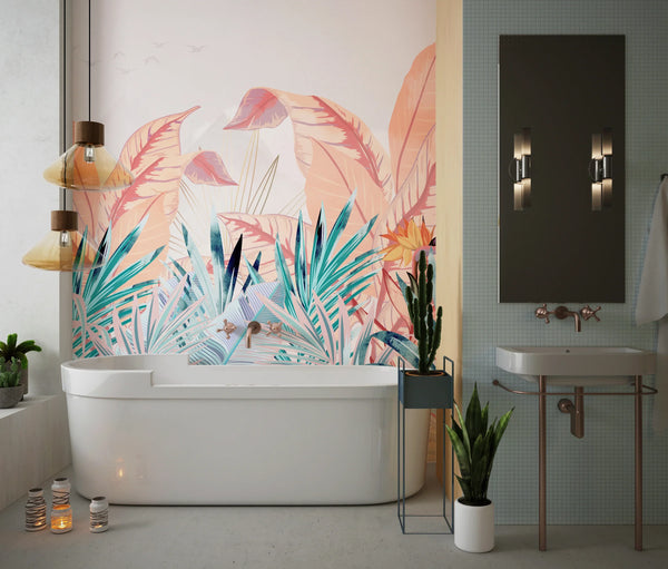 Tropical Forest Wallpaper, Pastel Colors Mural, Oversized Custom Size Wall Art, Non-Woven, Non-Adhesive, Modern Wall Paper, Removable