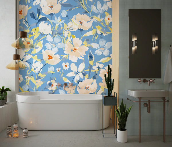 Watercolor Wildflowers Wallpaper, Seamless Pattern Mural, Oversized Custom Size Wall Art, Non-Woven, Non-Adhesive, Modern Wall Paper, Removable