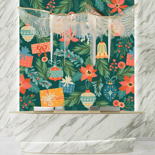 Noel Presents Wallpaper, Seamless Pattern Mural, Oversized Custom Size Wall Art, Non-Woven, Non-Adhesive, Modern Wall Paper, Removable