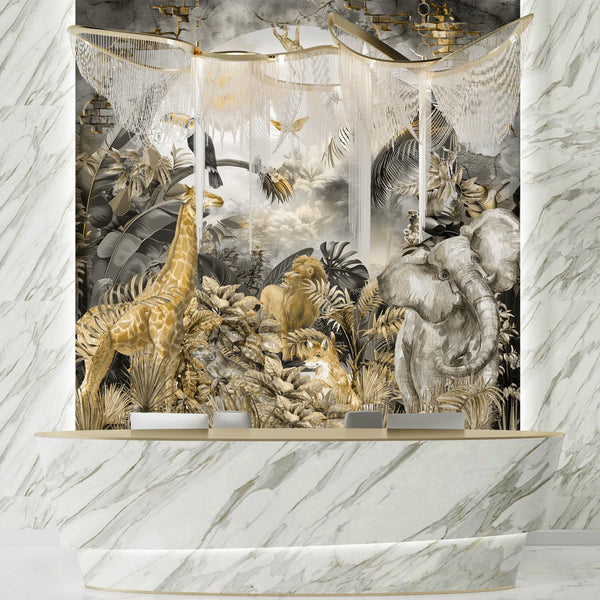 Tropical Landscape Wallpaper, Safari Animals Mural, Oversized Custom Size Wall Art, Non-Woven, Non-Adhesive, Modern Wall Paper, Removable