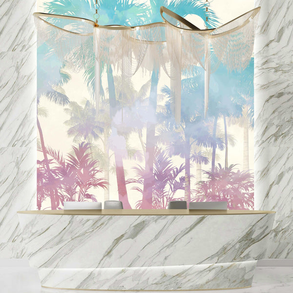 Tropical Palm Trees Wallpaper, Colorful Mural, Oversized Custom Size Wall Art, Non-Woven, Non-Adhesive, Modern Wall Paper, Removable