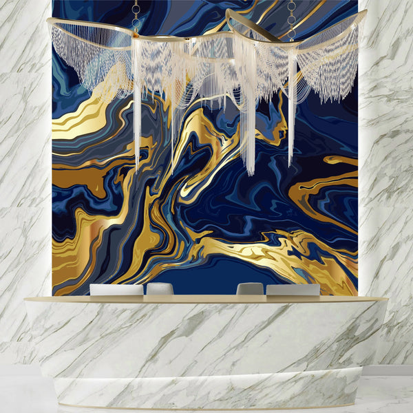 Luxury Blue Marble Wallpaper, Gold Abstract Mural, Oversized Custom Size Wall Art, Non-Woven, Non-Adhesive, Modern Wall Paper, Removable