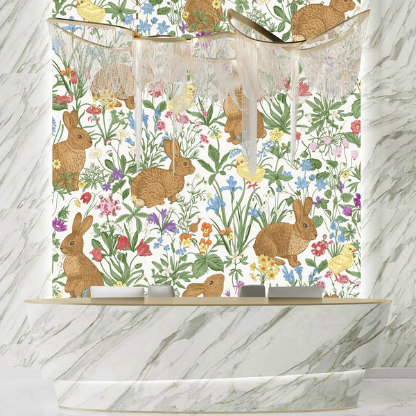 Bunnies and Chicks Wallpaper, Seamless Pattern Mural, Oversized Custom Size Wall Art, Non-Woven, Non-Adhesive, Modern Wall Paper, Removable