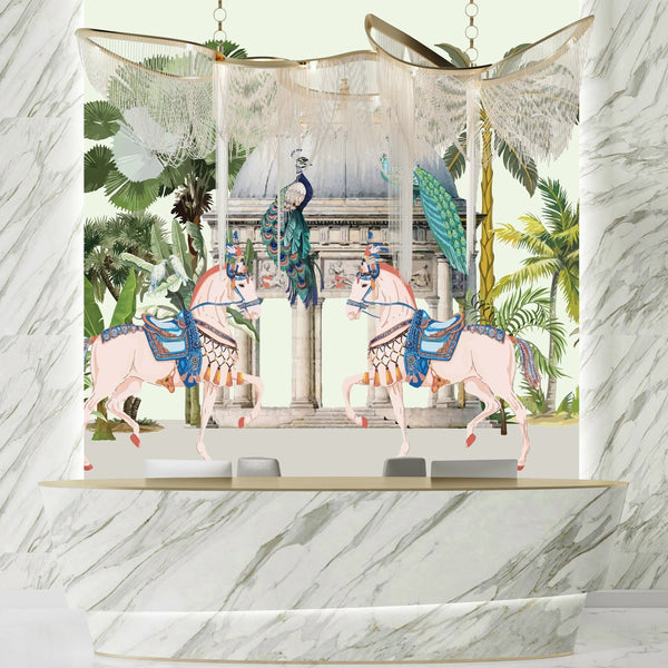 Traditional Mughal Garden Wallpaper, Peacock, Horses Mural, Oversized Custom Size Wall Art, Non-Woven, Non-Adhesive, Modern Wall Paper, Removable