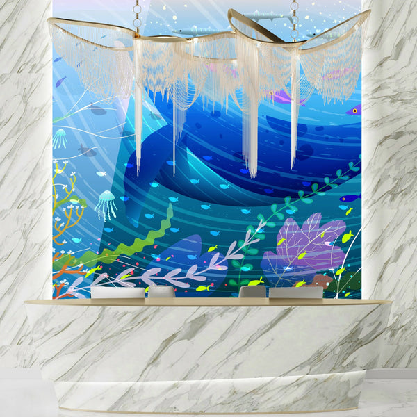 Whale and Fishes Wallpaper, Underwater Scene Mural, Oversized Custom Size Wall Art, Non-Woven, Non-Adhesive, Modern Wall Paper, Removable