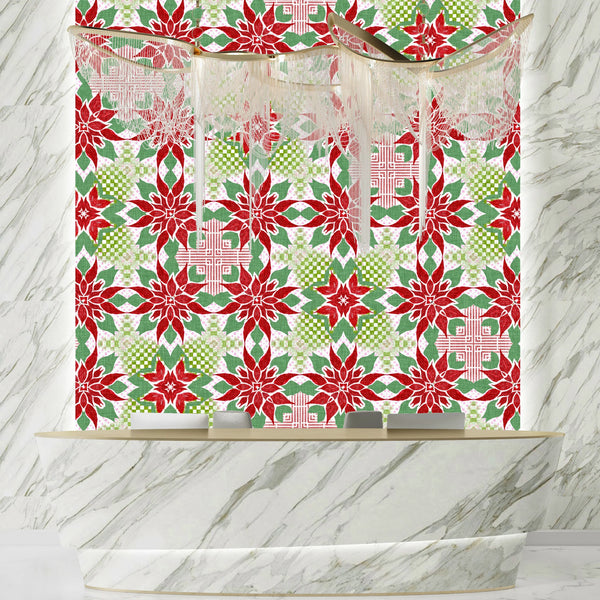 Christmas Poinsettia Wallpaper, Seamless Pattern Mural, Oversized Custom Size Wall Art, Non-Woven, Non-Adhesive, Modern Wall Paper, Removable
