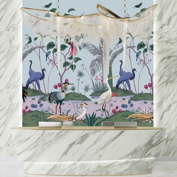 Chinoiserie Wallpaper, Birds, Floral Mural, Oversized Custom Size Wall Art, Non-Woven, Non-Adhesive, Modern Wall Paper, Removable