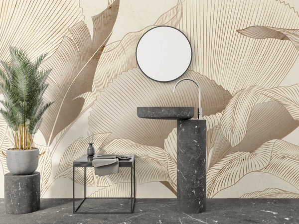 Abstract Botanical Wallpaper, Brown and Beige Wall Mural, Oversized Custom Size Wall Art, Non-Woven, Non-Adhesive, Modern Wall Paper, Removable