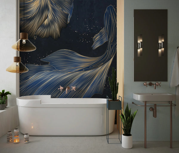 Koi Fish Wallpaper, Golden Line Style Wall Mural, Oversized Custom Size Wall Art, Non-Woven, Non-Adhesive, Modern Wall Paper, Removable