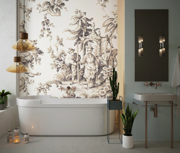 Toile de Jouy French Wallpaper, White Background Pattern Mural, Oversized Custom Size Wall Art, Non-Woven, Non-Adhesive, Modern Wall Paper, Removable