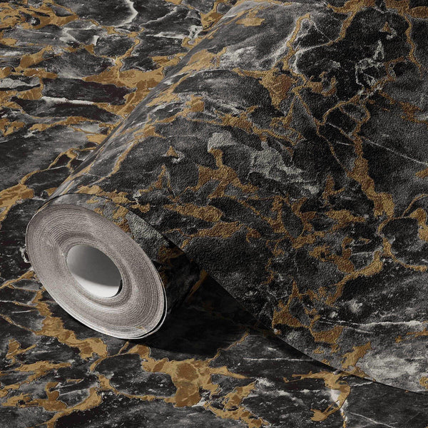 Beautiful Black Marble Gold Spark Embossed Wallpaper, Textured Shiny wall Covering for Store & Home, Elegant Wallpaper, Washable, 177 sq ft - Walloro High End Wallcoverings & More