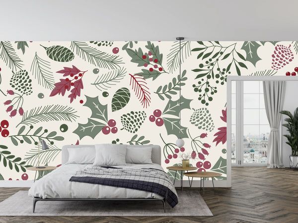 Leaves and Berries Wallpaper, Seamless Pattern Mural, Oversized Custom Size Wall Art, Non-Woven, Non-Adhesive, Modern Wall Paper, Removable