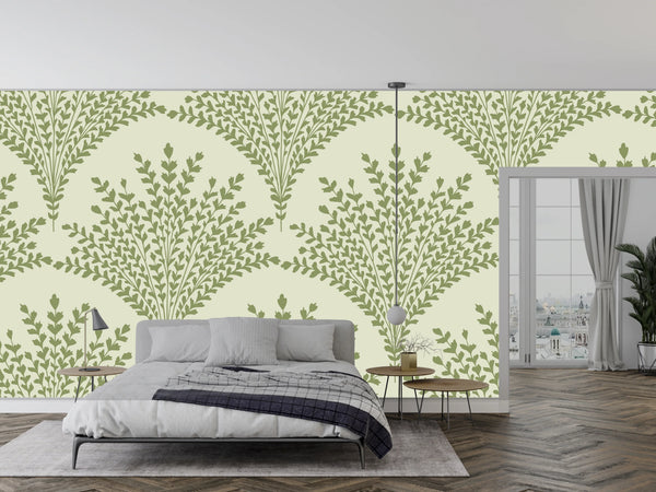Bouquet of Leaves Wallpaper, Pastel Green Mural, Oversized Custom Size Wall Art, Non-Woven, Non-Adhesive, Modern Wall Paper, Removable