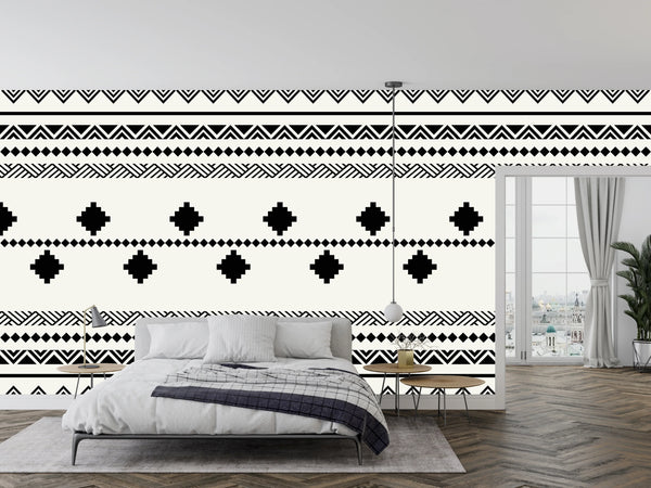 Ethnic Tribal Black and White Wallpaper, Seamless Pattern Mural, Oversized Custom Size Wall Art, Non-Woven, Non-Adhesive, Modern Wall Paper, Removable
