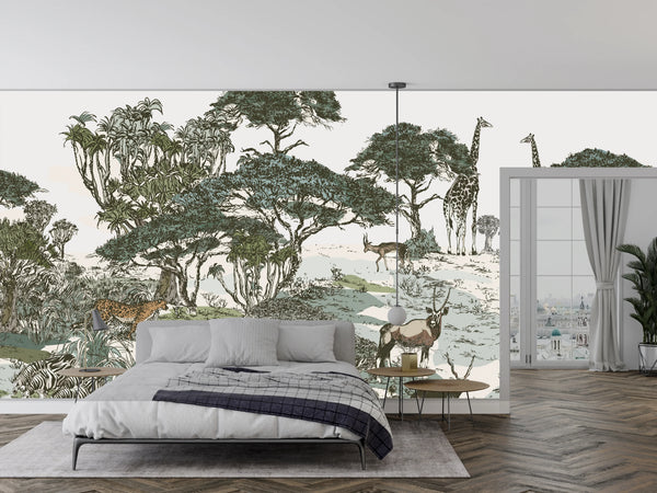 Safari Panaroma Wallpaper, Seamless Wildlife Mural, Oversized Custom Size Wall Art, Non-Woven, Non-Adhesive, Modern Wall Paper, Removable