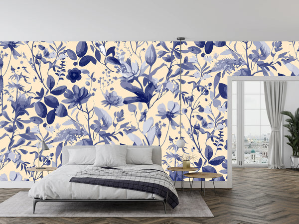 Purple Floral Wallpaper, Seamless Pattern Mural, Oversized Custom Size Wall Art, Non-Woven, Non-Adhesive, Modern Wall Paper, Removable