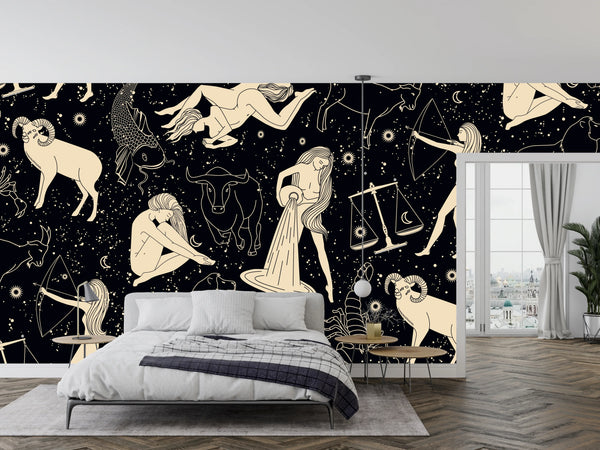 Signs Zodiac Wallpaper, Seamless Pattern Mural, Oversized Custom Size Wall Art, Non-Woven, Non-Adhesive, Modern Wall Paper, Removable