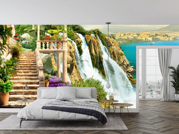 Old House with Columns Wallpaper, Cliff of the Mountain Mural, Oversized Custom Size Wall Art, Non-Woven, Non-Adhesive, Modern Wall Paper, Removable