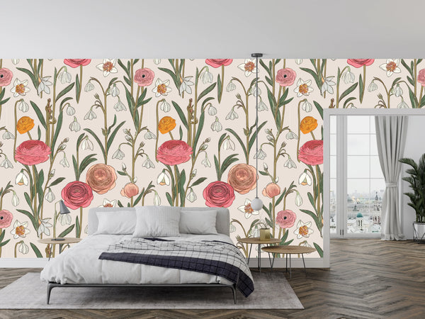 Abstract Handmade Floral Wallpaper, Seamless Pattern Mural, Oversized Custom Size Wall Art, Non-Woven, Non-Adhesive, Modern Wall Paper, Removable