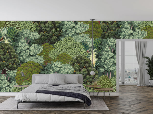 Seamless Trees Wallpaper, Traditional Mural, Oversized Custom Size Wall Art, Non-Woven, Non-Adhesive, Modern Wall Paper, Removable