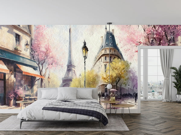Spring in Paris Watercolor Wallpaper, Eiffel Tower Mural, Oversized Custom Size Wall Art, Non-Woven, Non-Adhesive, Modern Wall Paper, Removable
