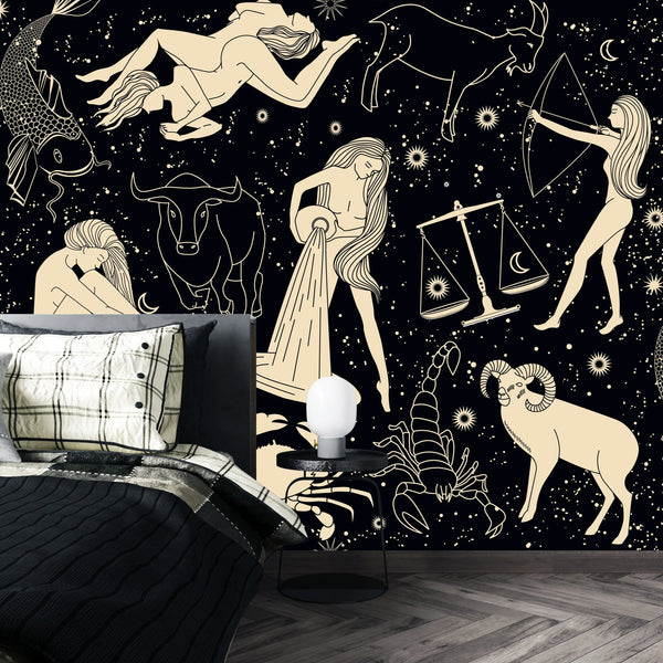 Signs Zodiac Wallpaper, Seamless Pattern Mural, Oversized Custom Size Wall Art, Non-Woven, Non-Adhesive, Modern Wall Paper, Removable