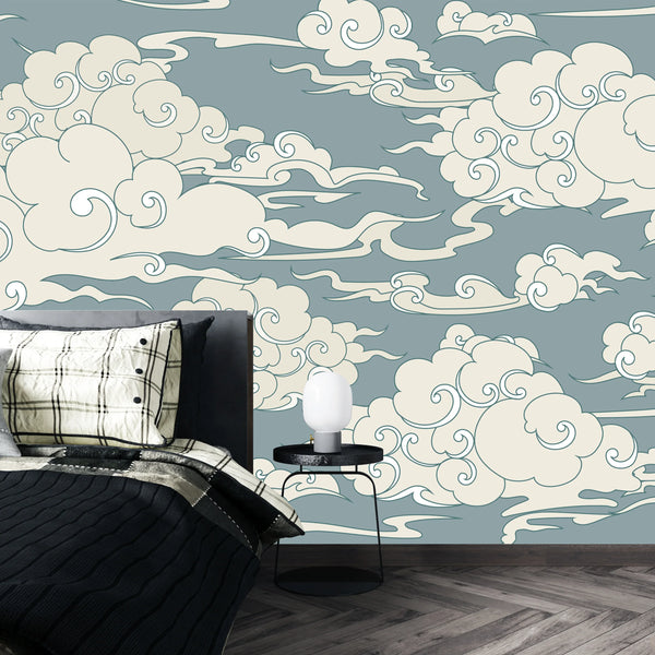 Clouds, Gray Background Wallpaper, Seamless Pattern Mural, Oversized Custom Size Wall Art, Non-Woven, Non-Adhesive, Modern Wall Paper, Removable