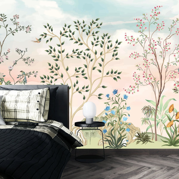 Chinoiserie Wallpaper, Floral Trees Mural, Oversized Custom Size Wall Art, Non-Woven, Non-Adhesive, Modern Wall Paper, Removable