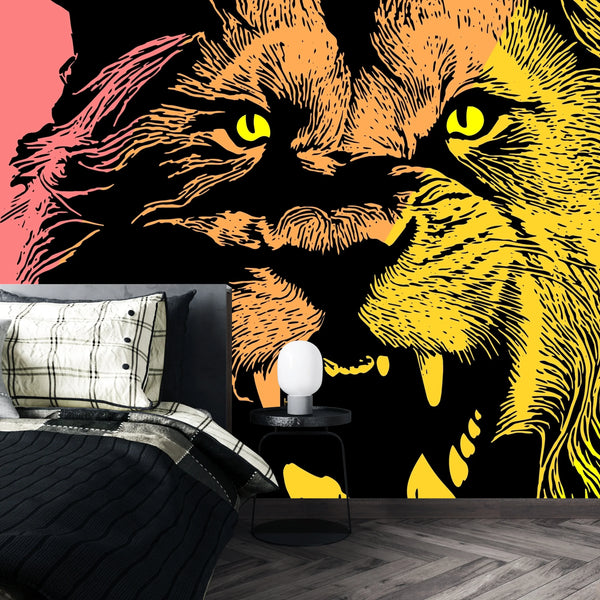 Roaring Lion Wallpaper, Colorful Mural, Oversized Custom Size Wall Art, Non-Woven, Non-Adhesive, Modern Wall Paper, Removable