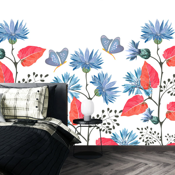 Blue Flowers, Red Leaves Wallpaper, Seamless Pattern Mural, Oversized Custom Size Wall Art, Non-Woven, Non-Adhesive, Modern Wall Paper, Removable