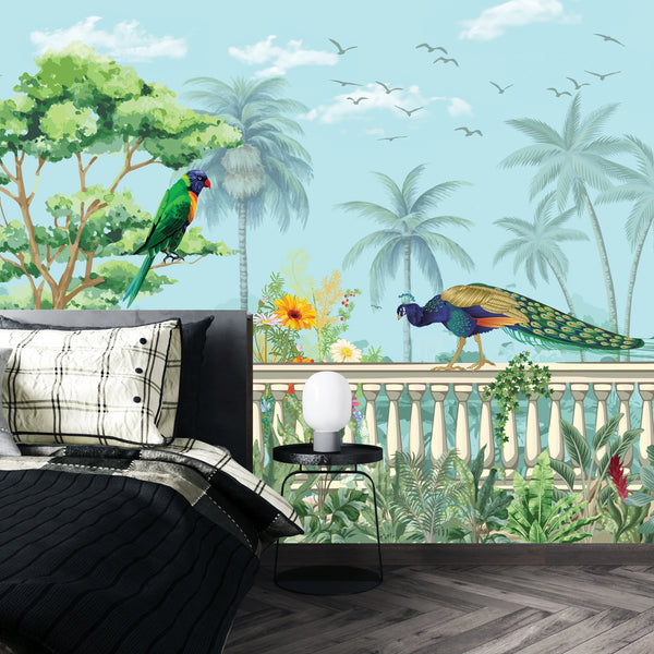 Mughal Garden Wallpaper, Peacock and Arch Mural, Oversized Custom Size Wall Art, Non-Woven, Non-Adhesive, Modern Wall Paper, Removable