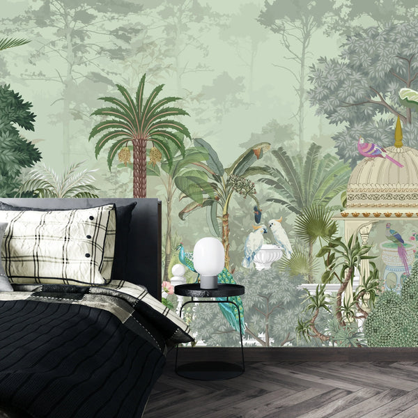 Mughal Garden Wallpaper, Birds Mural, Oversized Custom Size Wall Art, Non-Woven, Non-Adhesive, Modern Wall Paper, Removable