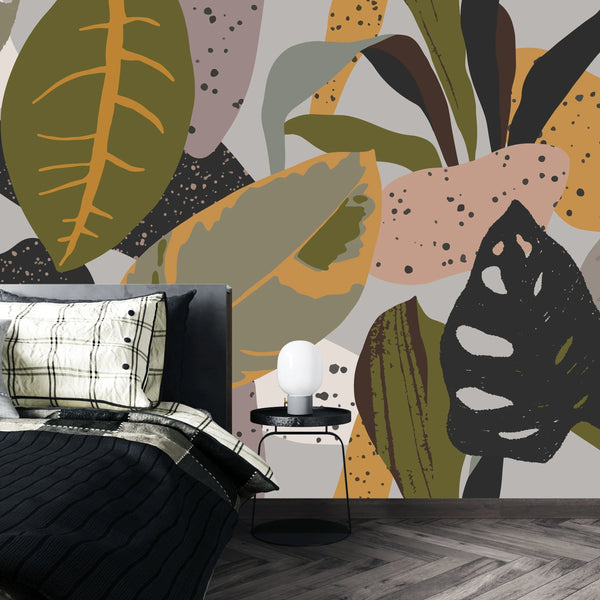 Abstract Botanical Wallpaper, Seamless Pattern Mural, Oversized Custom Size Wall Art, Non-Woven, Non-Adhesive, Modern Wall Paper, Removable